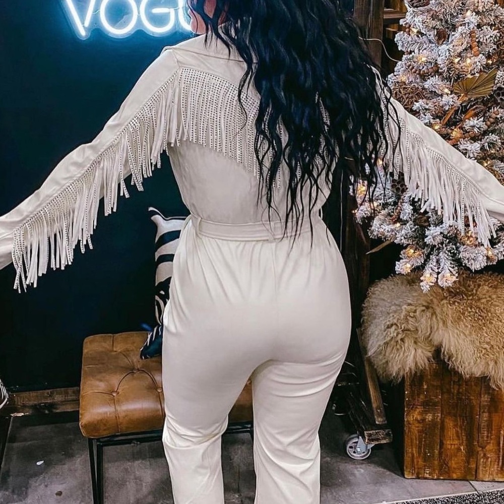 White Leather Fringe Jumpsuit